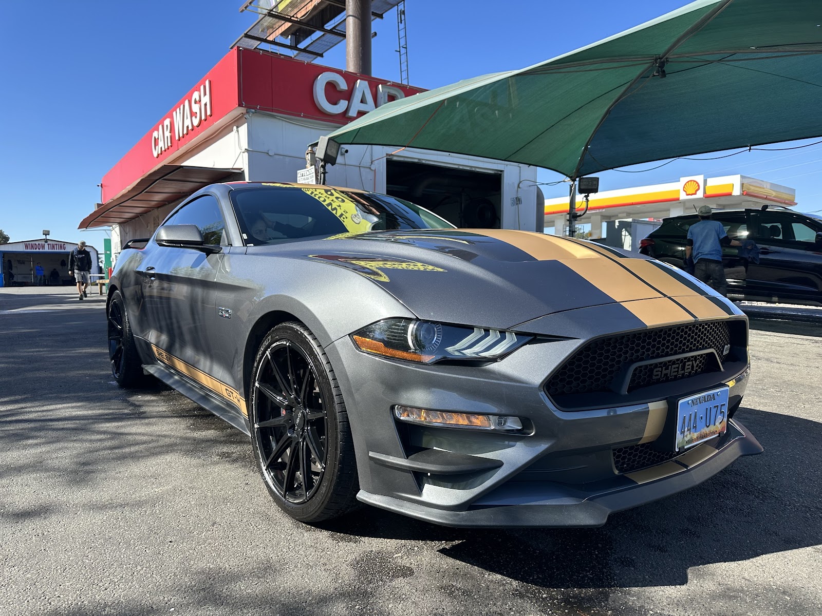 Clean gray Shelby GT Mustang with gold stripes at the car wash